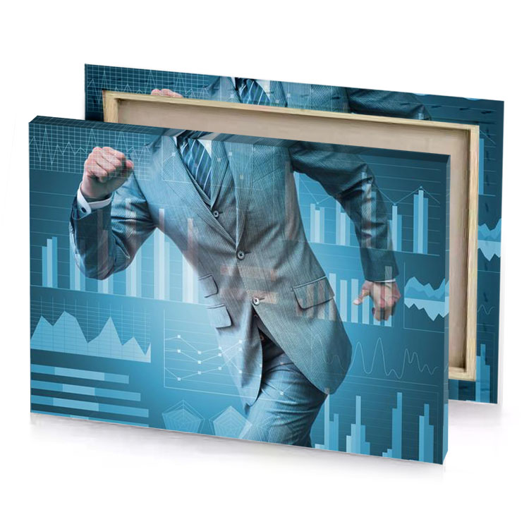 a man in suit is running through blue background sky canvas