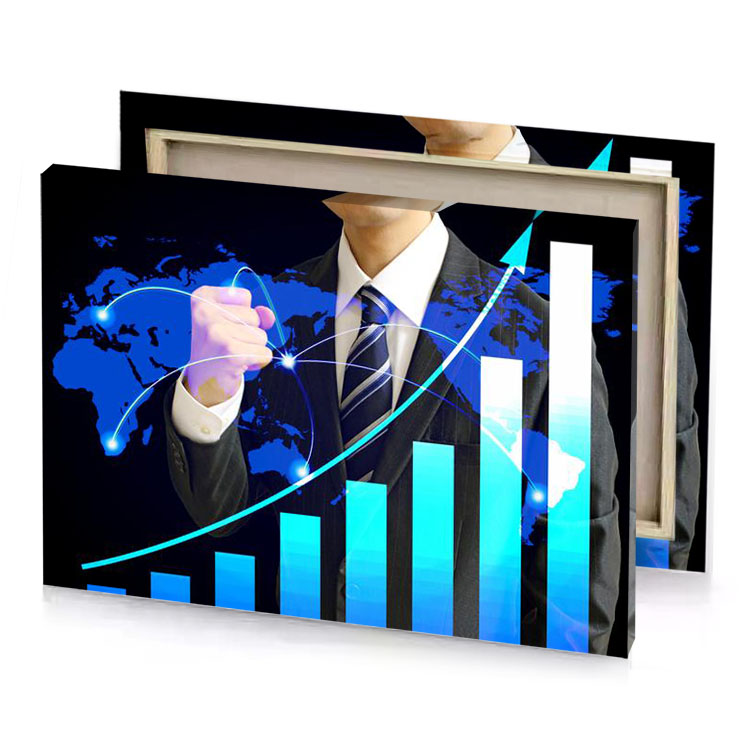 a man in suit pointing at graph bar aqua canvas