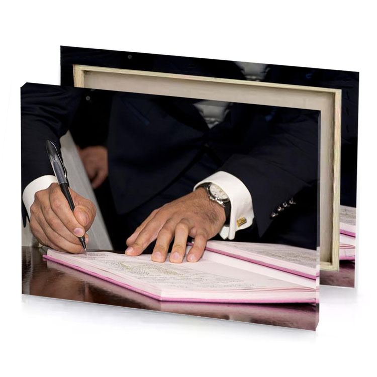 a man in suit signing document copper canvas