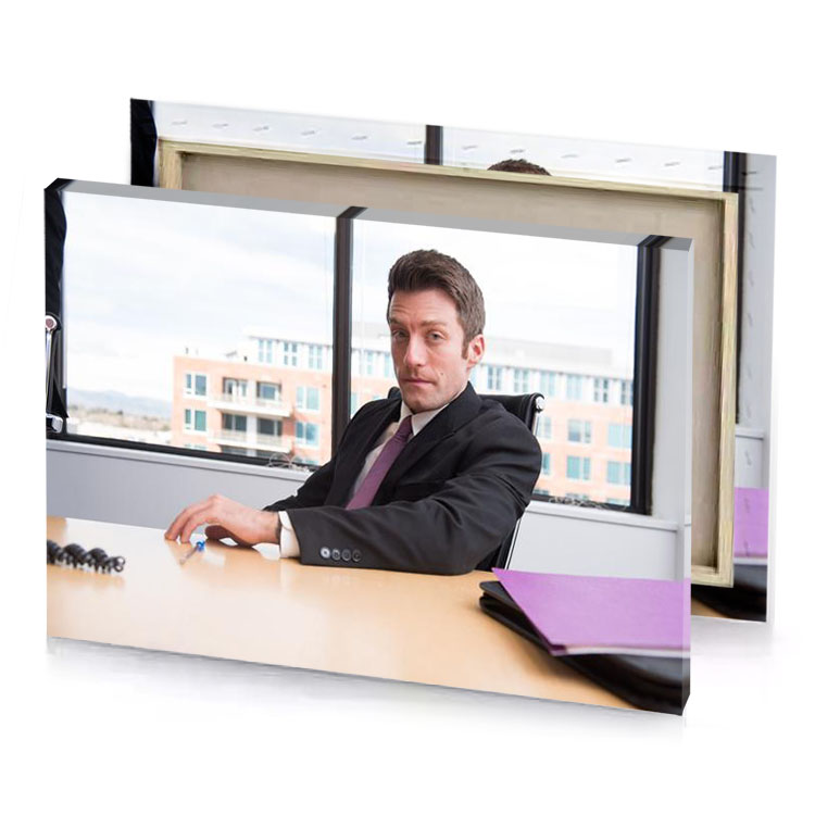 a man in suit sitting at desk white smoke canvas