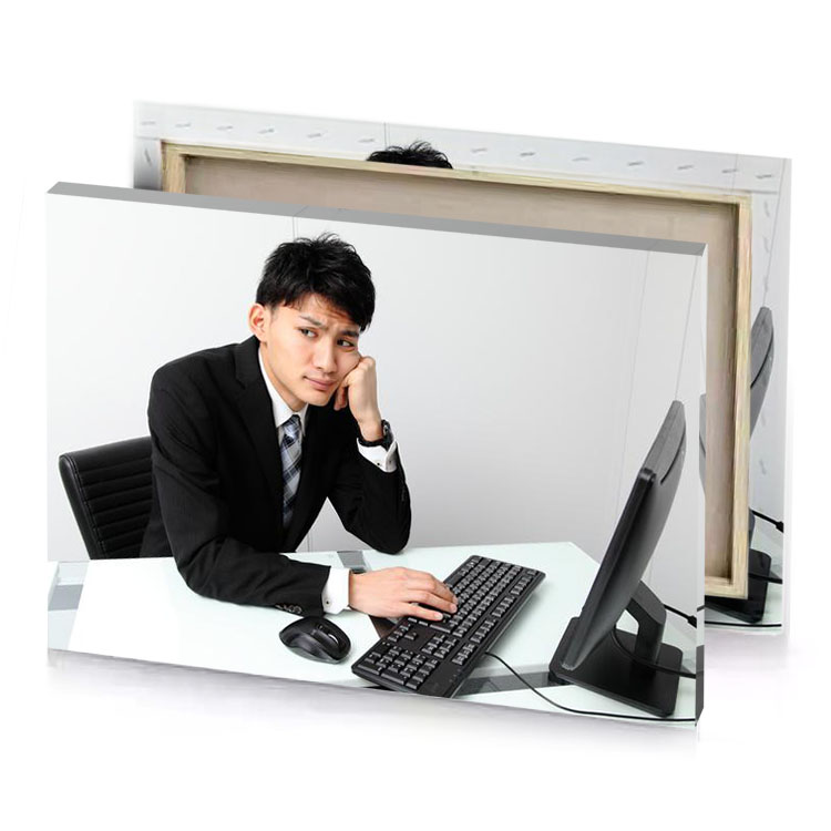 a man in suit sitting at desk with computer white smoke canvas