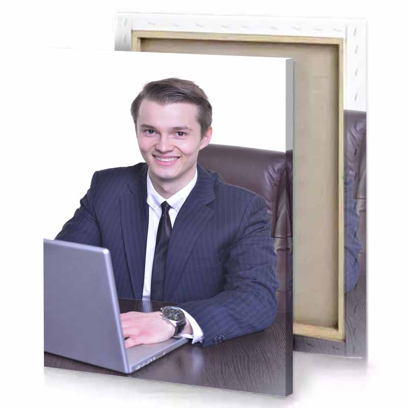 a man in suit sitting at desk with laptop dark slate blue canvas