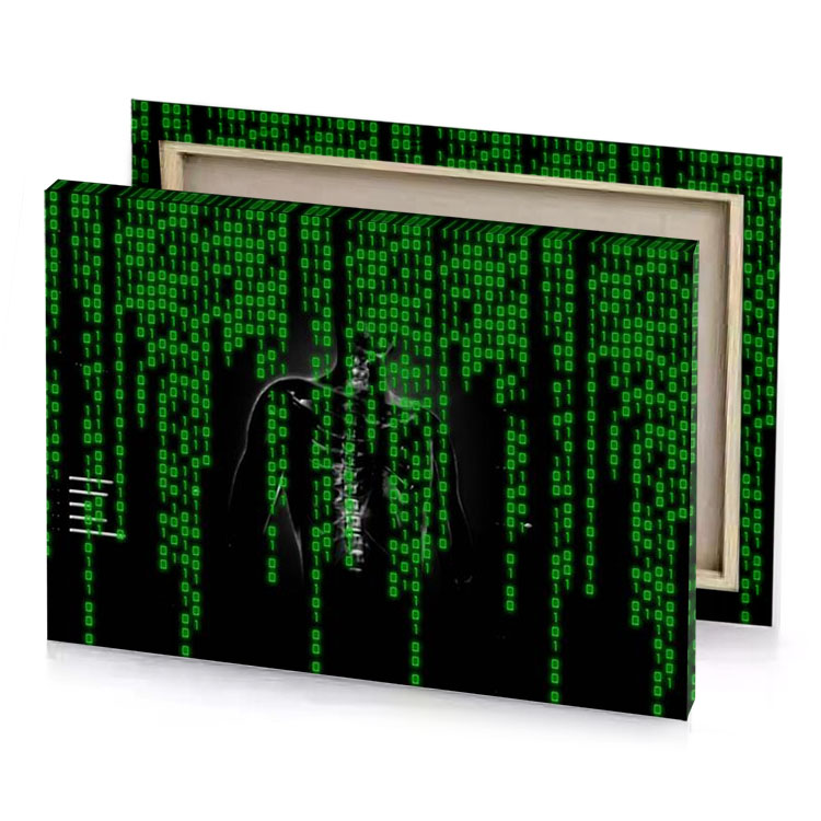 a man in suit standing front of green binary code dark canvas