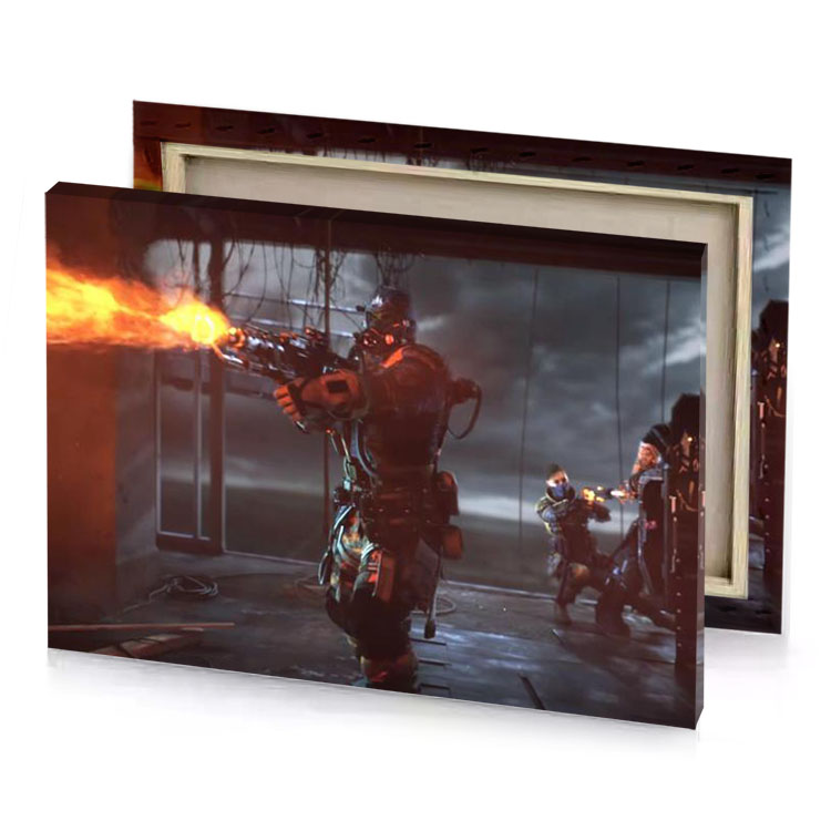 a man in suit with gun front of fire dim gray canvas