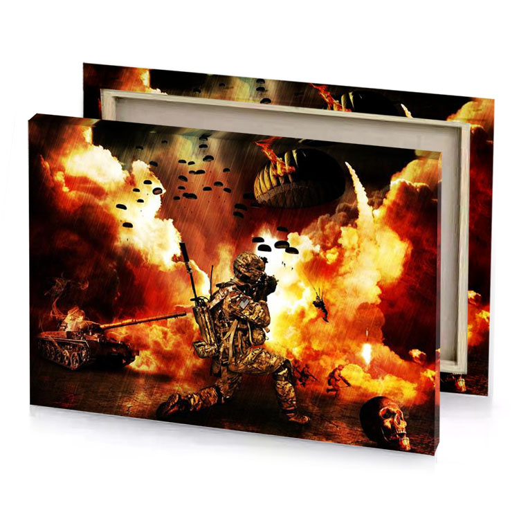 a man in suit with gun front of fire firebrick canvas