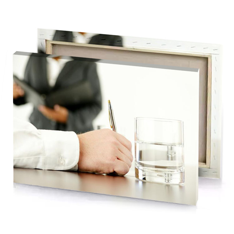 a man in suit writing on piece of paper apricot canvas