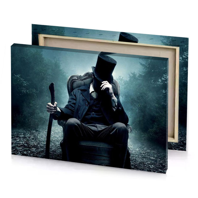 a man in top hat and sitting on chair smoky black canvas
