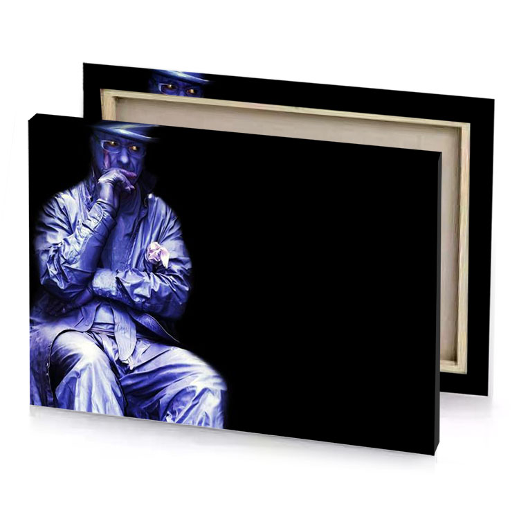 a man in white suit and hat sitting on chair midnight blue canvas