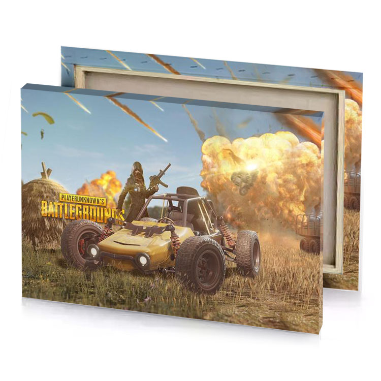 a man in yellow car with gun front of fire peru canvas