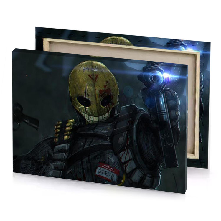 a man in yellow helmet holding gun bistre canvas