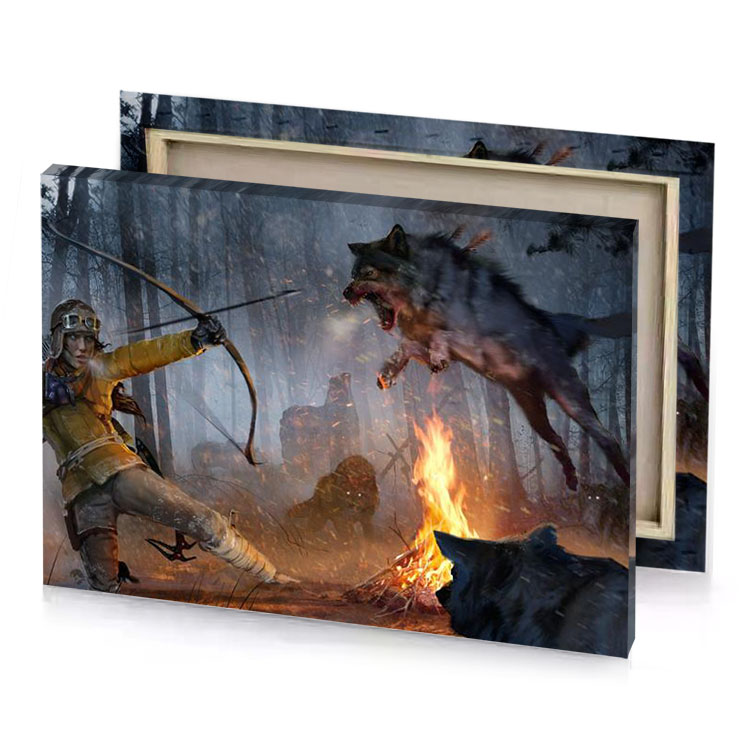 a man in yellow jacket is fighting with two wolves gray canvas