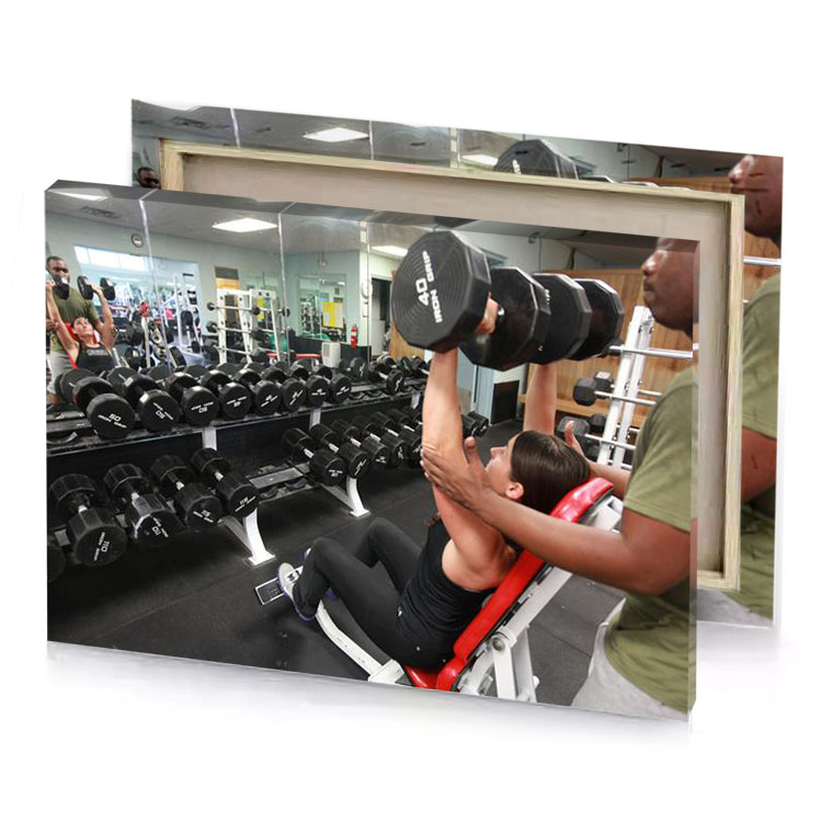 a man is doing dumb press with weights rosy brown canvas