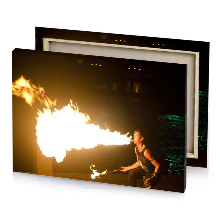 a man is standing in front of fire copper canvas