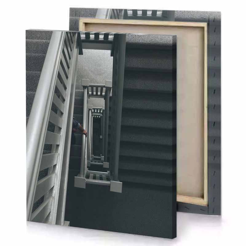 a man is walking up set of stairs bistre canvas