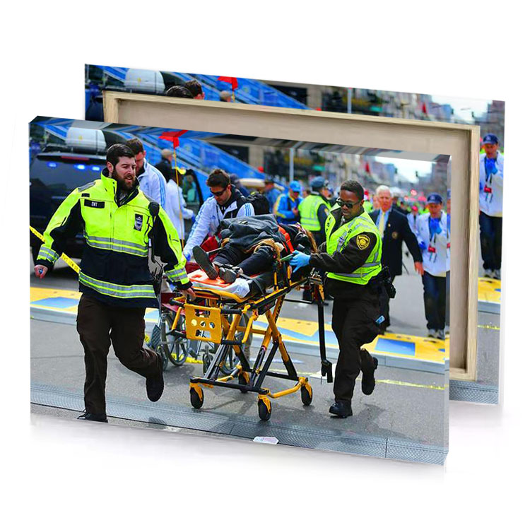 a man is wheeled away from the scene smoky black canvas
