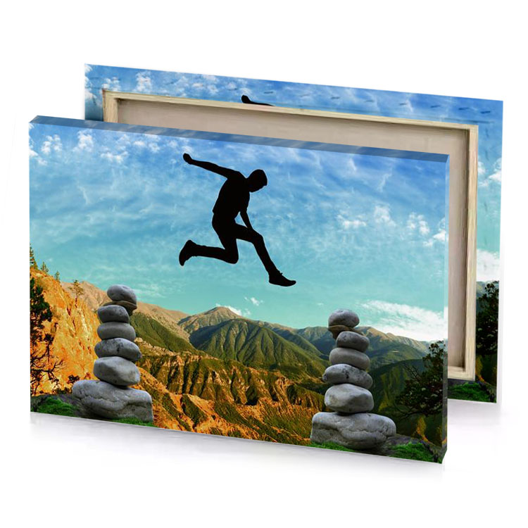 a man jumping over pile of rocks moonstone blue canvas