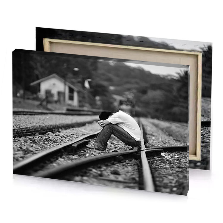 a man kneeling on the tracks of train track manatee canvas