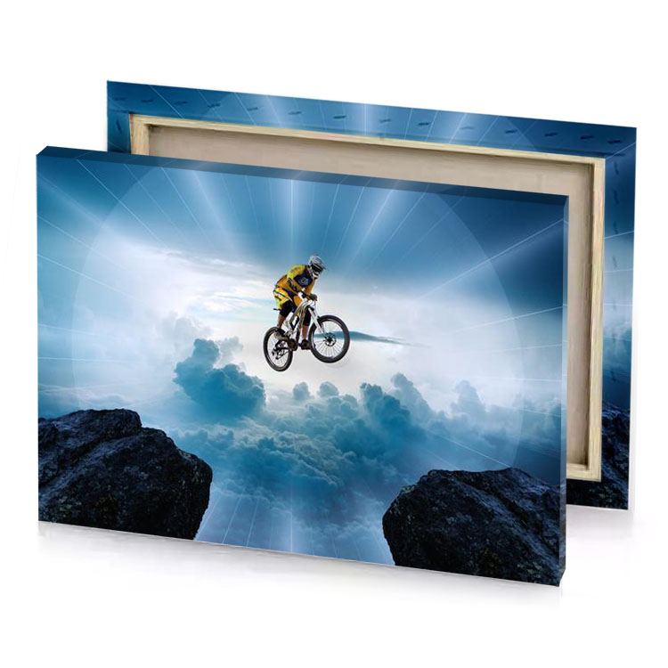 a man on bike jumping over rock light steel blue canvas