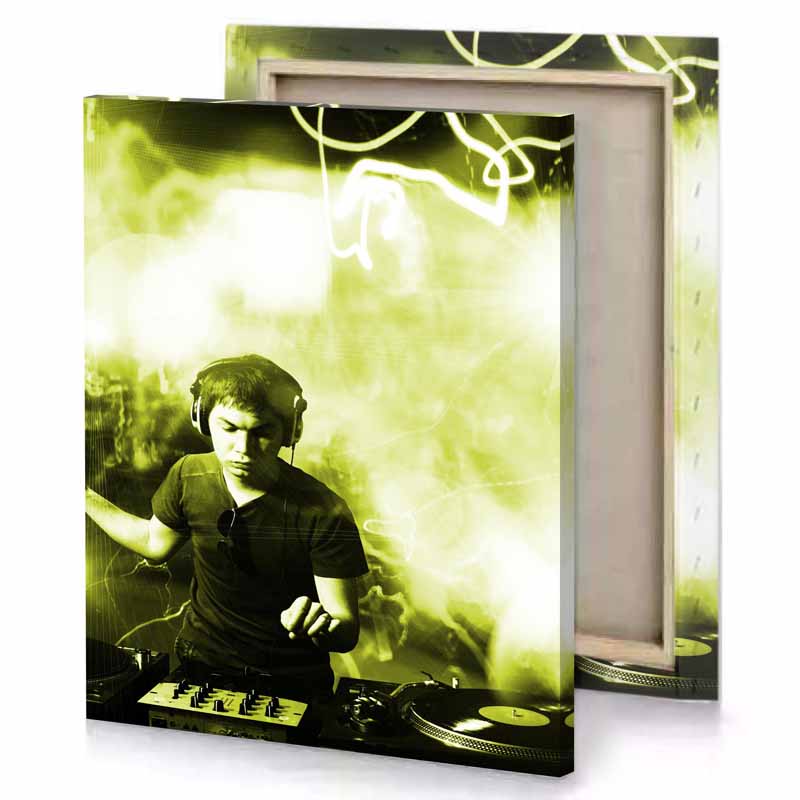 a man playing dj on turntable pale golden rod canvas