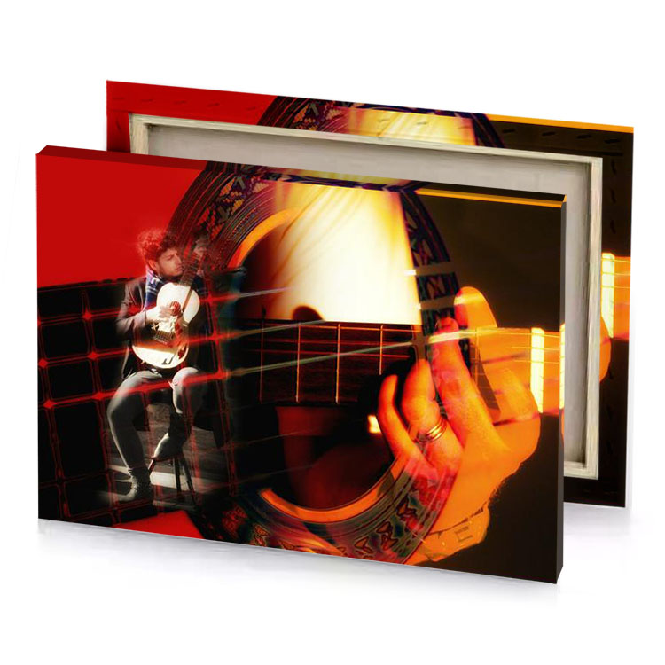 a man playing guitar in room antique white canvas