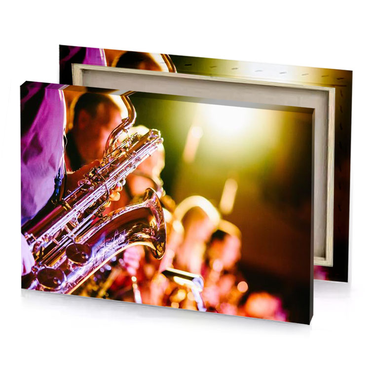 a man playing saxophone in front of crowd dark golden rod canvas