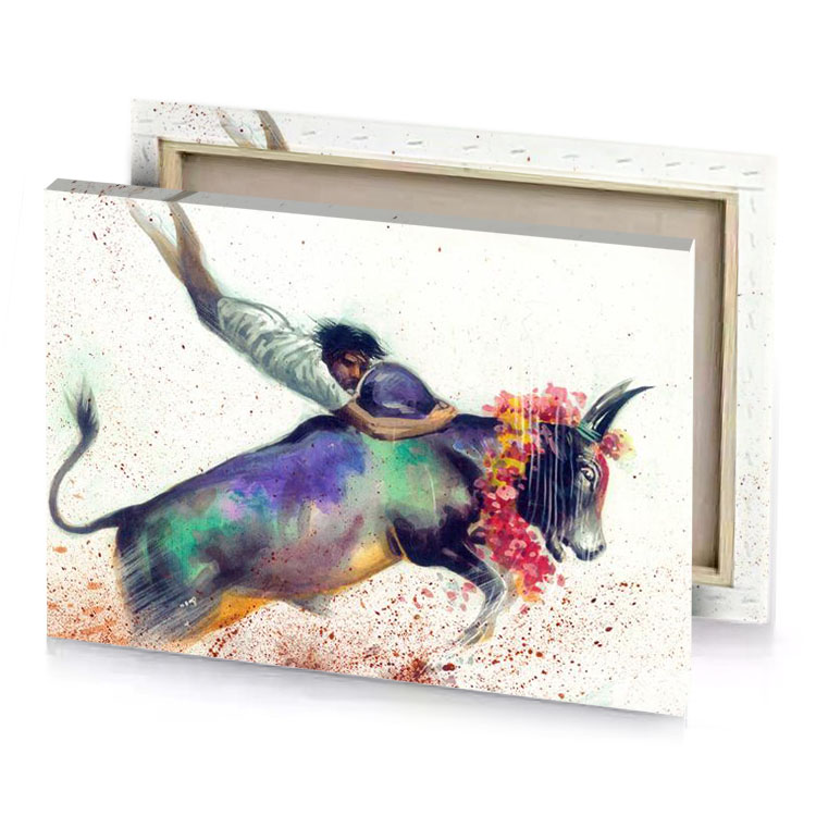 a man riding bull with bunch of flowers glaucous canvas