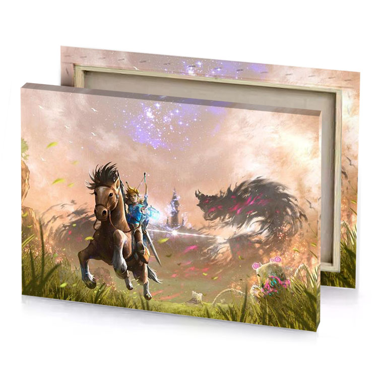 a man riding horse through field tan canvas