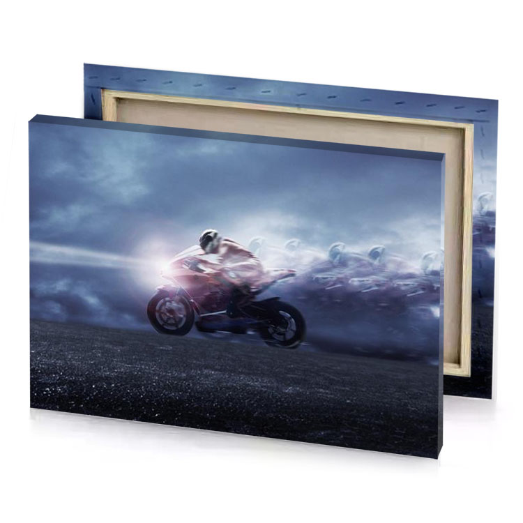 a man riding motorcycle in field manatee canvas
