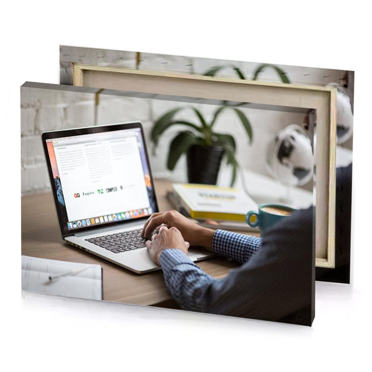a man sitting at desk using laptop white smoke canvas