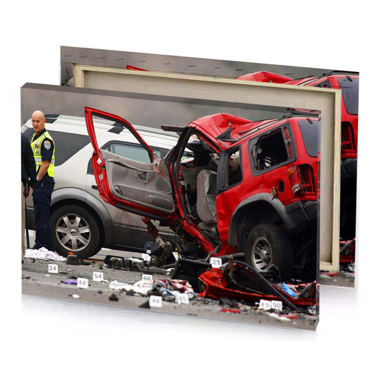 a man standing next to car that is crashed firebrick canvas