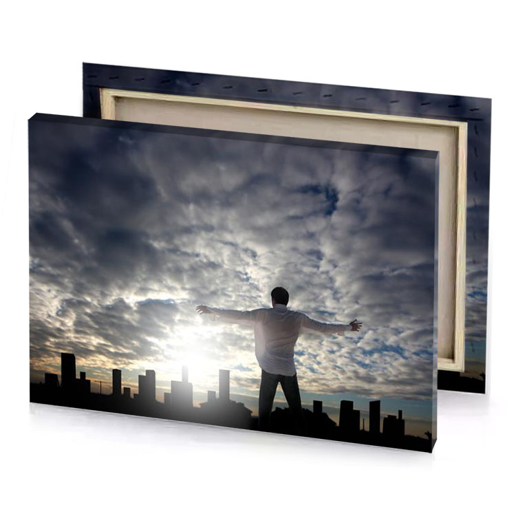 a man standing on roof with his arms outstretched silver canvas