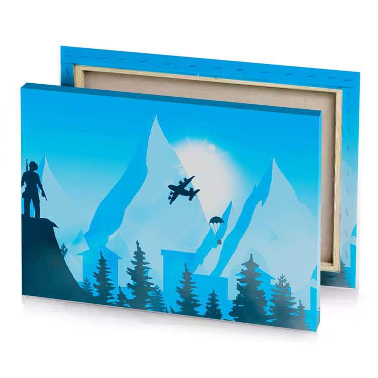 a man standing on top of mountain sky blue canvas
