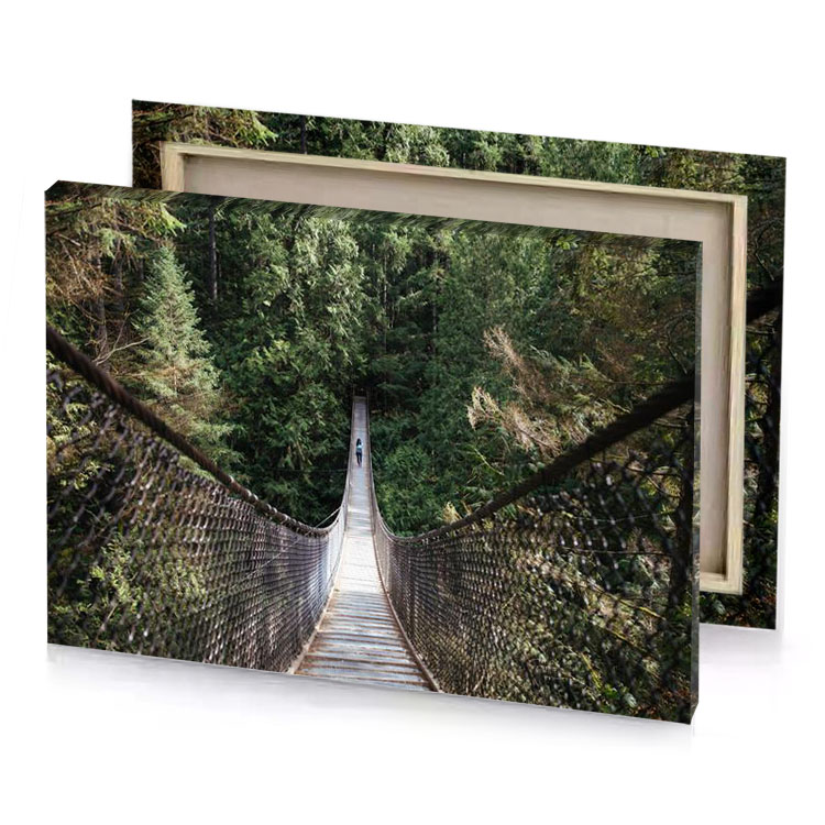 a man walking across suspension bridge in the forest bistre canvas
