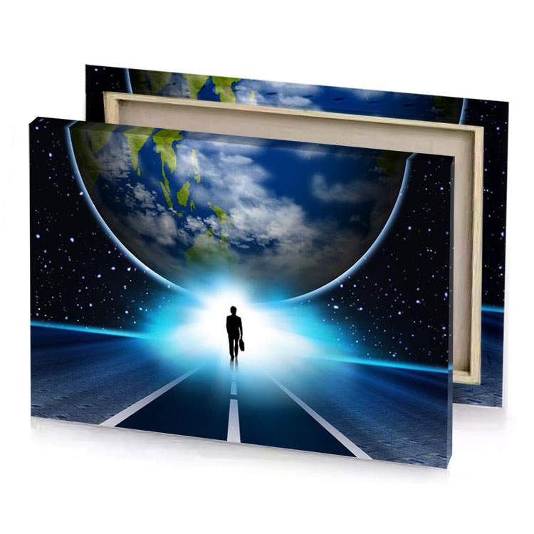a man walking on road with planet in the background sky blue canvas