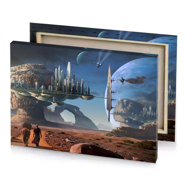 a man walking through desert with spaceship in the background moonstone blue canvas