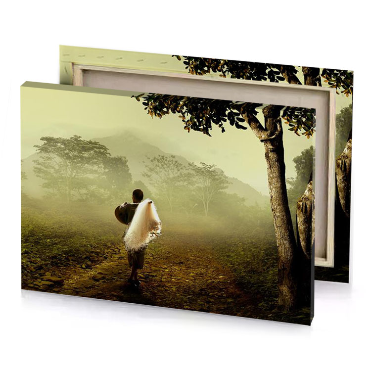 a man walking through forest holding surfboard dark khaki canvas