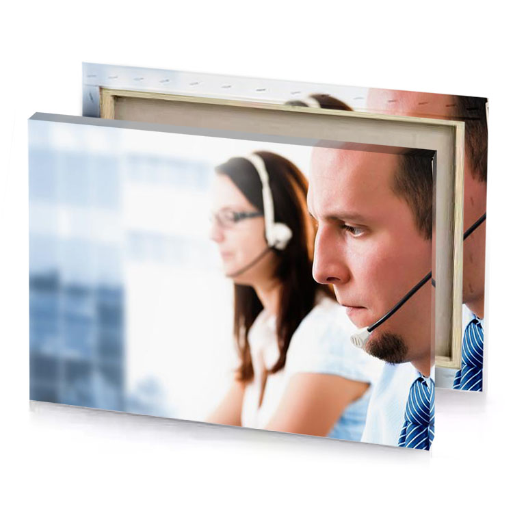 a man wearing headset and woman lavender canvas