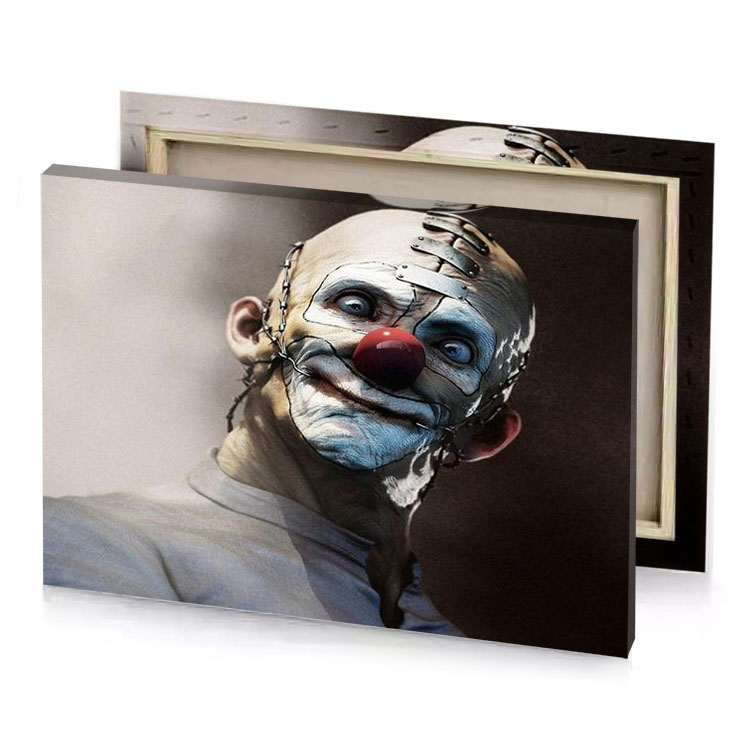 a man with clown mask on his face bistre canvas