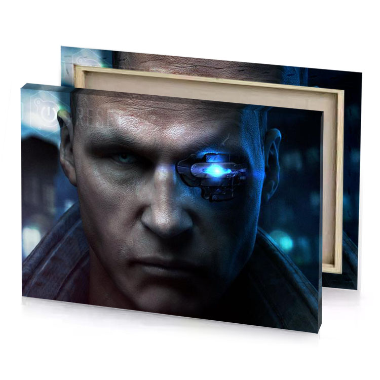 a man with futuristic face and helmet smoky black canvas