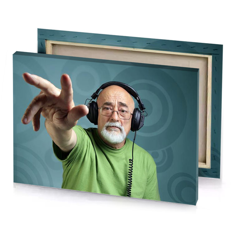 a man with green shirt and headphones slate gray canvas