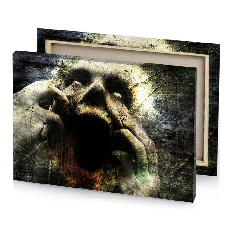 a man with his hands on face rosy brown canvas