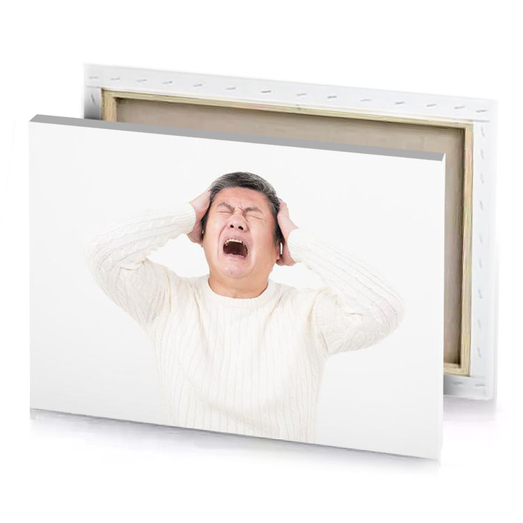a man with his hands on head white smoke canvas