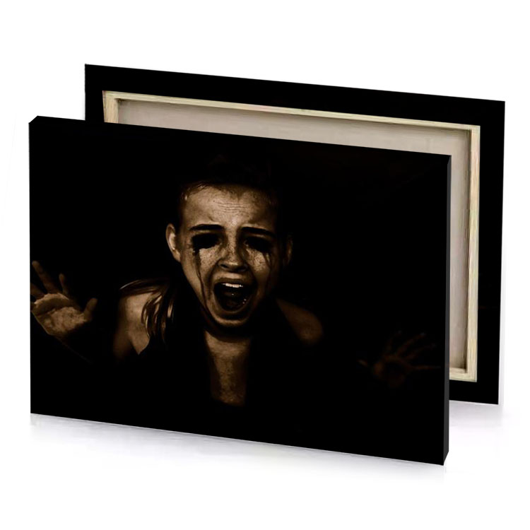 a man with his hands up in the dark black canvas
