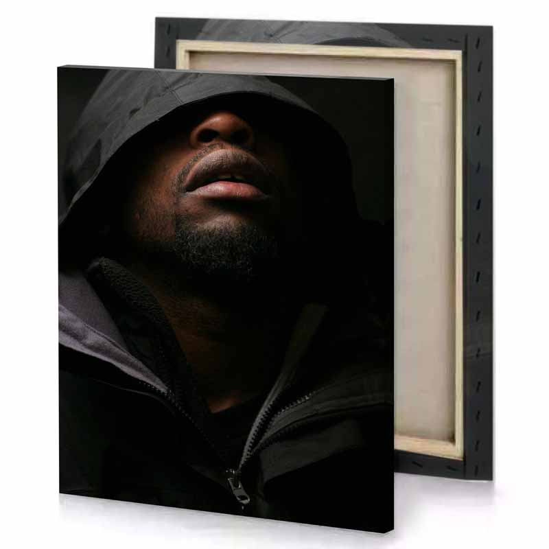 a man with hoodie looking up bistre canvas