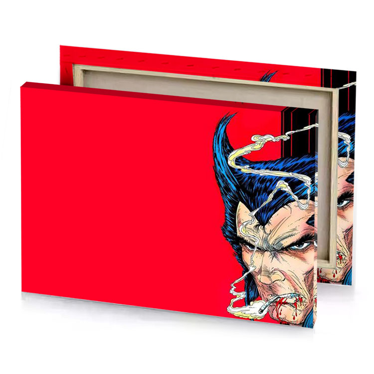 a man with knife and red background tan canvas