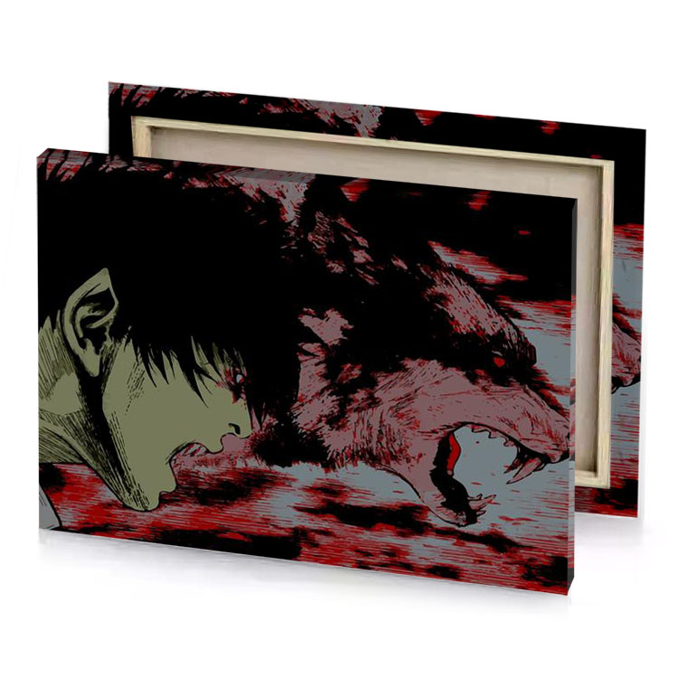a man with lion head on his garnet canvas