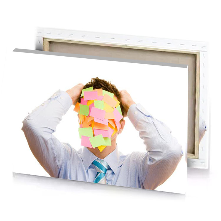 a man with paper head covered sticky notes vanilla canvas