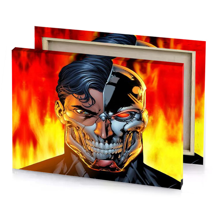 a man with skull face and red eye canary yellow canvas