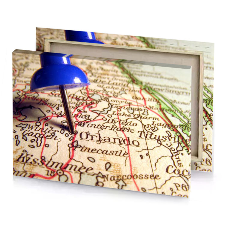a map with blue pin on it champagne canvas