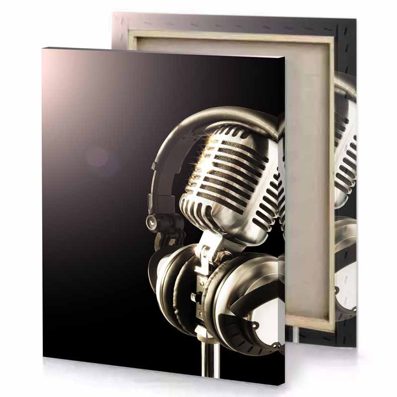 a microphone with headphones on it taupe canvas